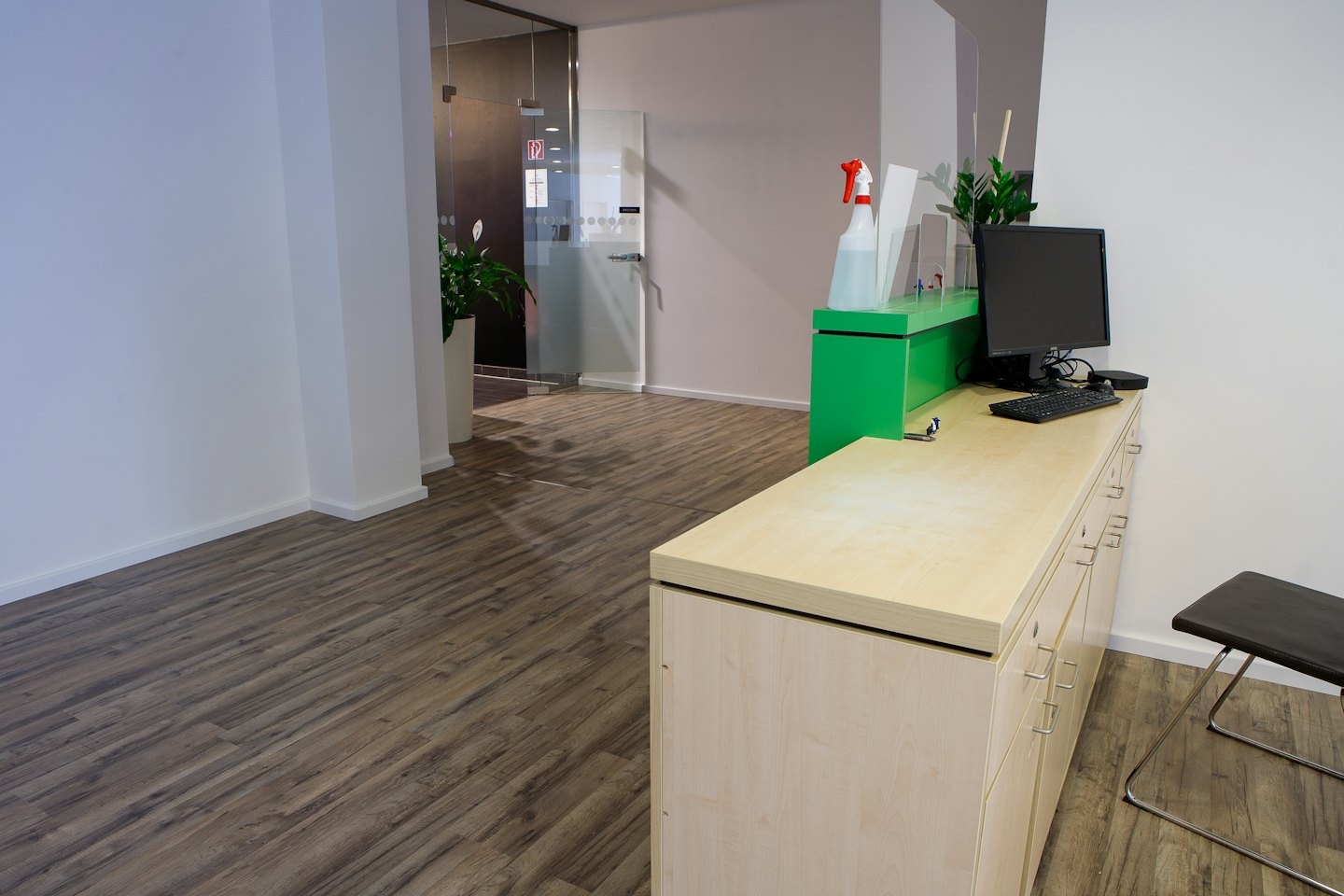 Modern office reception area with a wooden desk and plants.